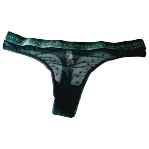 Victoria's Secret‎ Logo Waist Polka Dot Lacy Thong Panty Green Large New
